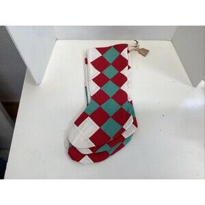 christmas stockings set of 4 patchwork quilted red, white, aqua diamond pattern